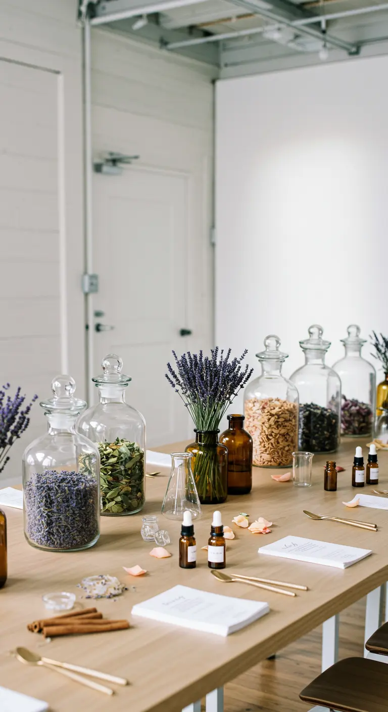 Workshoptafel met apothekerspotten vol lavendel en kruiden, en kleine flesjes voor parfum maken.