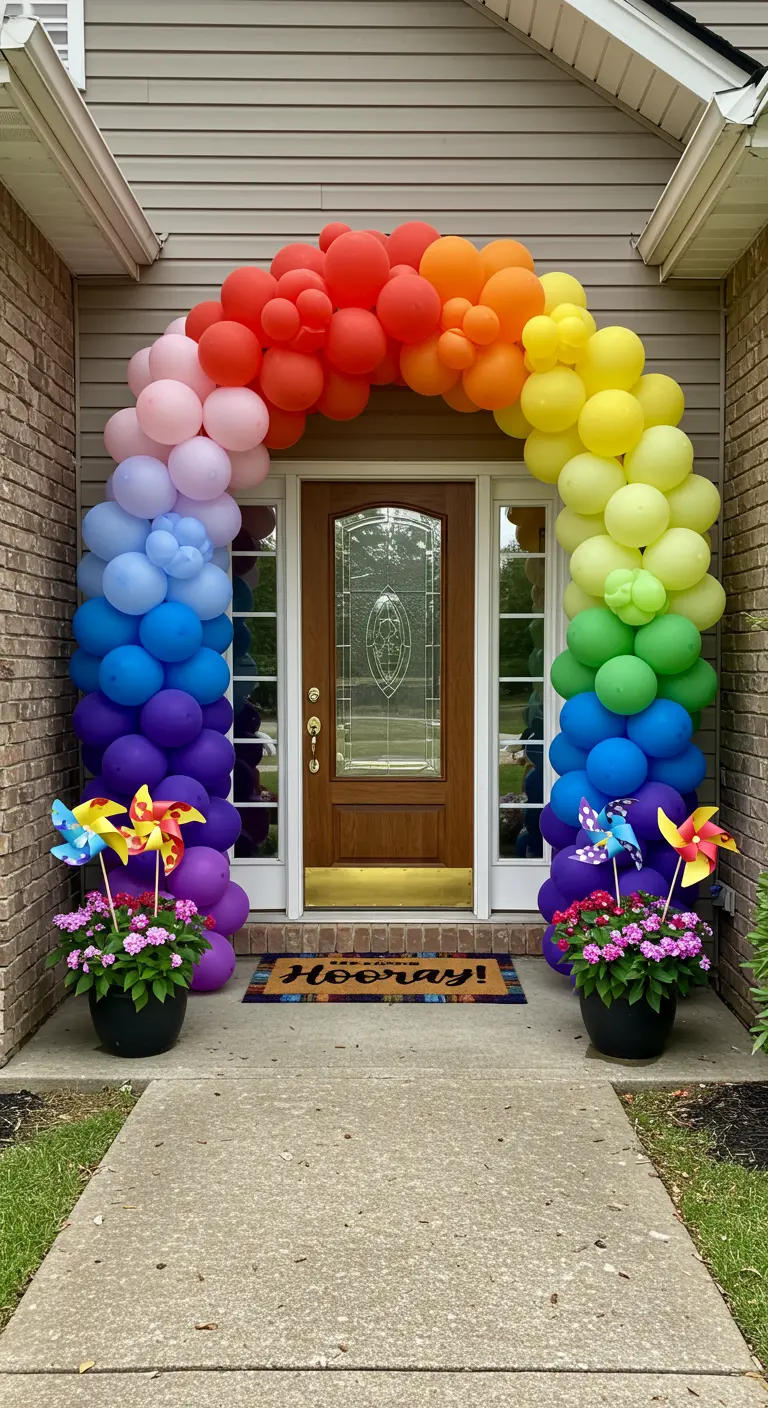 Regenboogkleurige ballonboog rond een voordeur met bloempotten ernaast.
