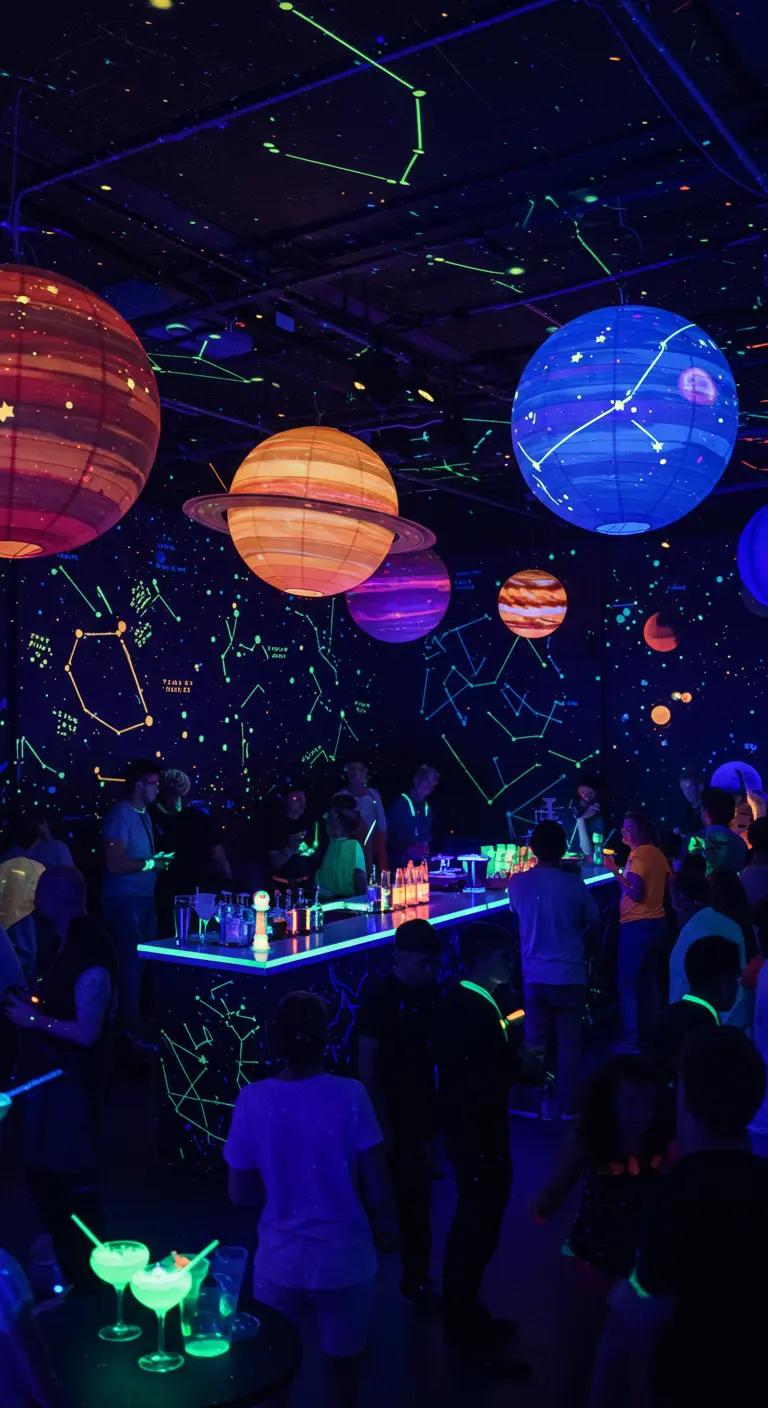 Donkere feestruimte gevuld met gasten, met hangende planeetlampionnen en blacklight-effecten.