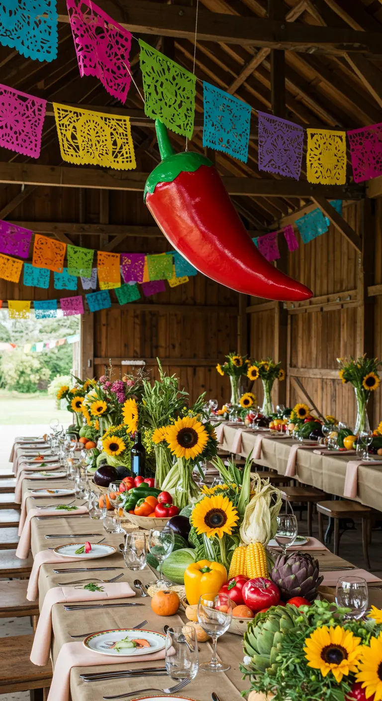 Lange tafel gedecoreerd met zonnebloemen en verse groenten als centerpieces.