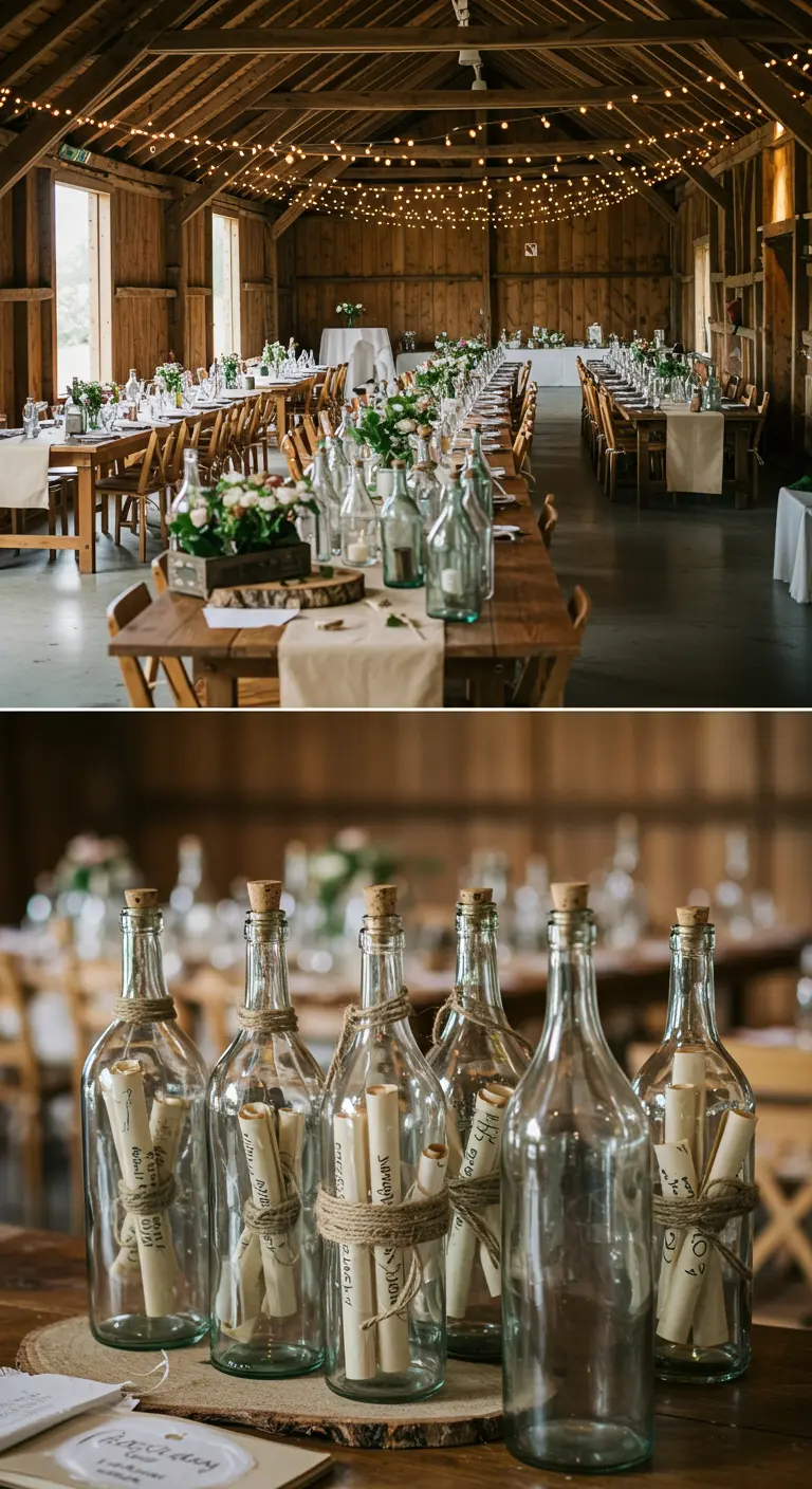 Collage van een rustieke schuur met lange tafels en close-up van wensen in flessen.