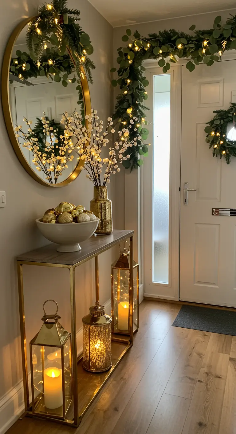 Hal met een grote ronde spiegel, sidetable met gouden vazen en lantaarns op de vloer.