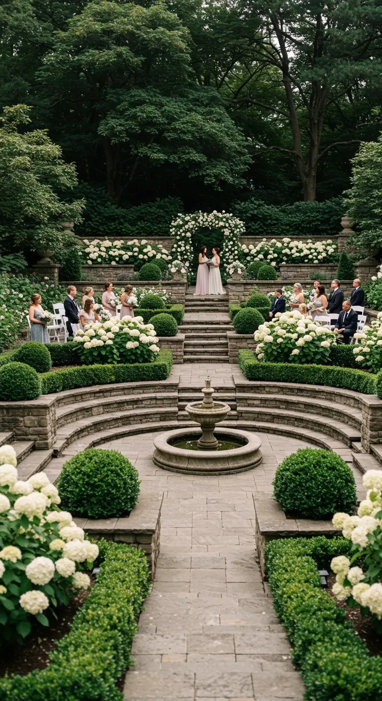 Ceremonie in een formele, gelaagde tuin met stenen trappen, witte hortensia's en een fontein.