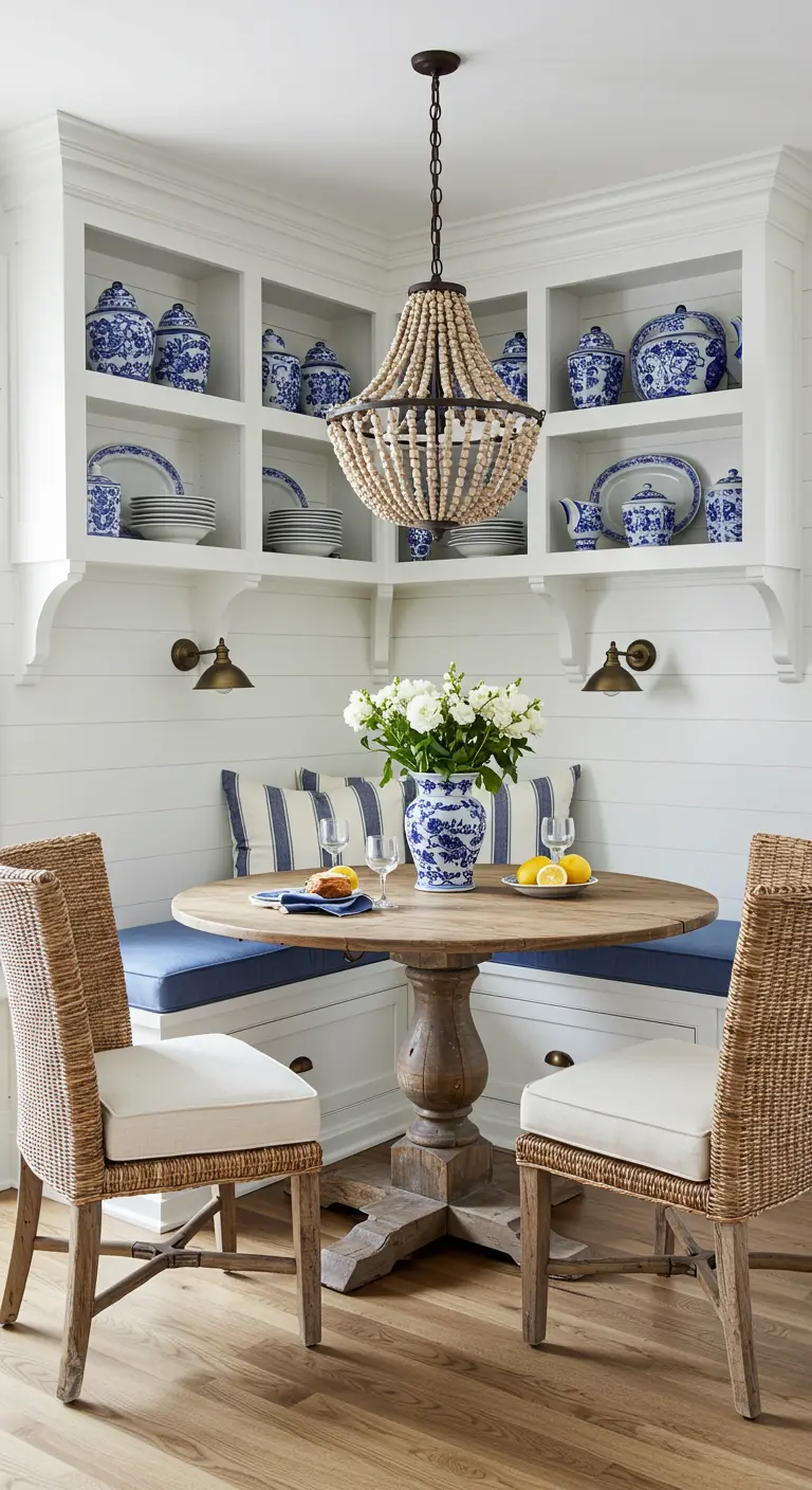 Kuststijl eethoek met witte ingebouwde bank, blauwe accenten en rieten stoelen.