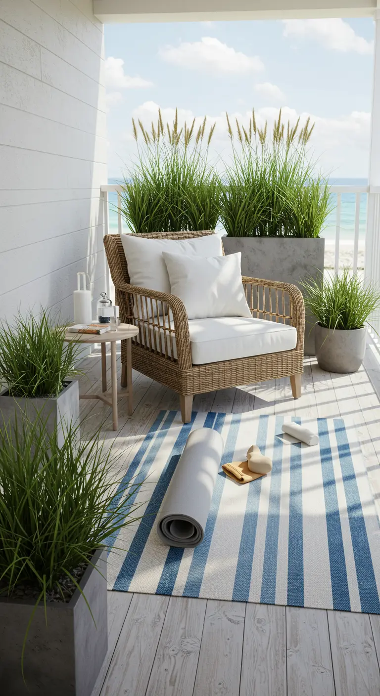 Balkon in strandstijl met blauw-wit gestreept kleed, rotan stoel en siergrassen in potten.