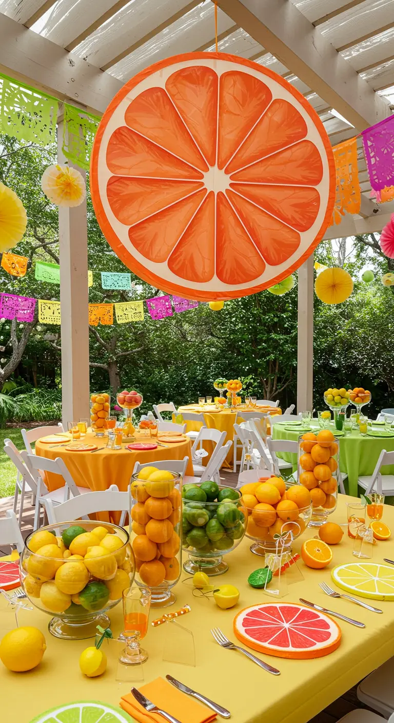 Feest met citrusthema, gedecoreerd met verse citrusvruchten en gele tafelkleden.