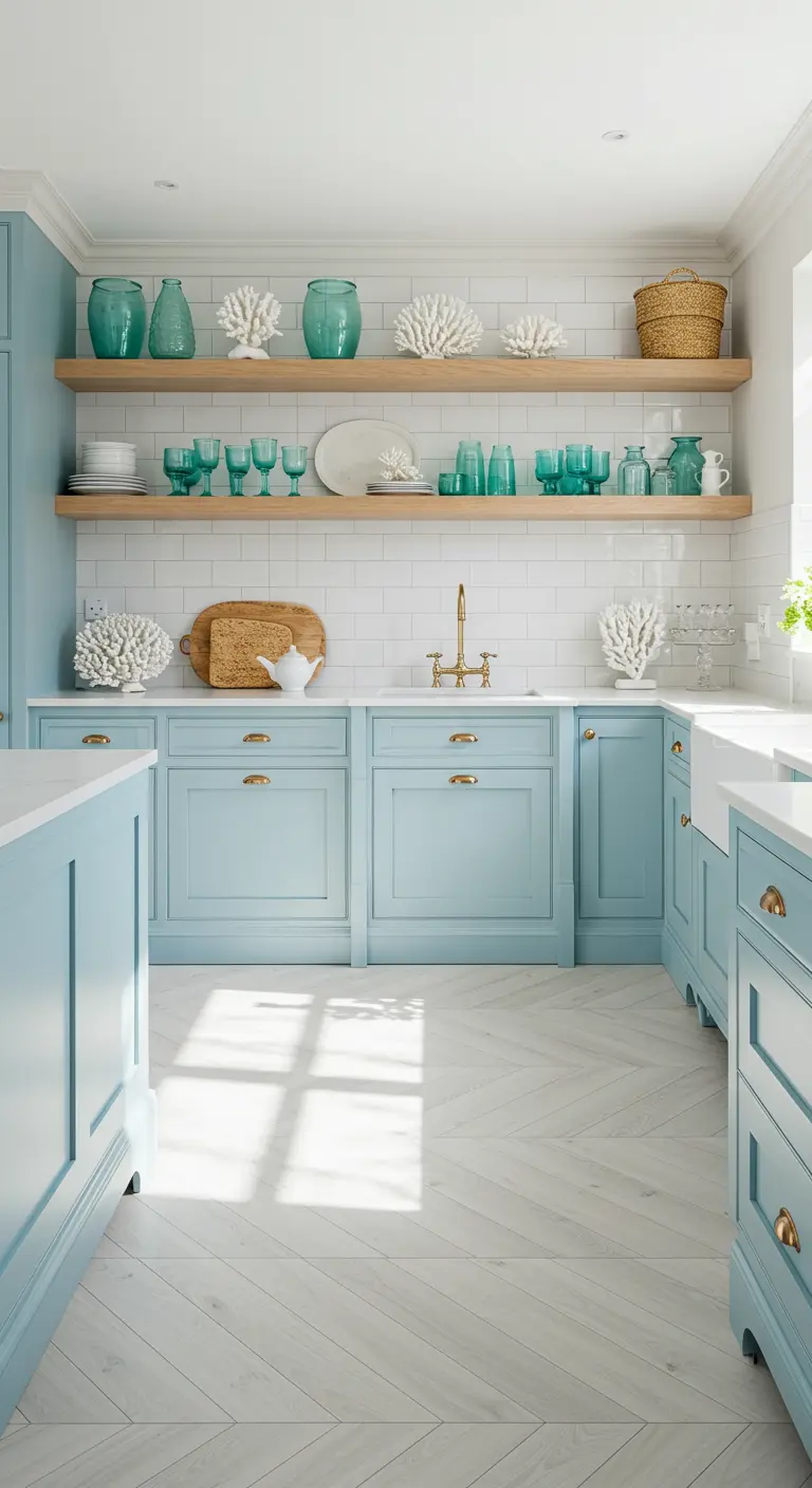 Lichtblauwe keuken met witte visgraatvloer en turquoise glazen op houten planken.