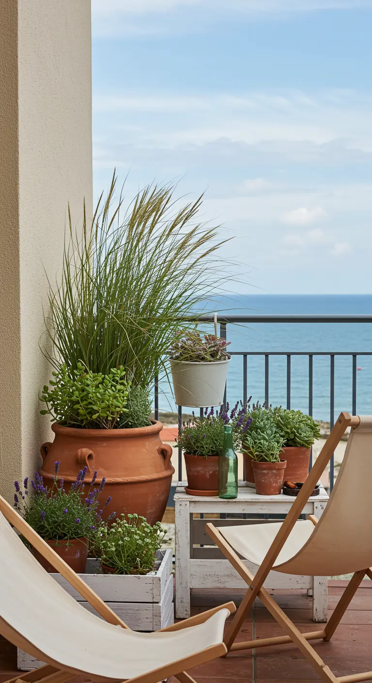 Balkon met zeezicht, strandstoelen en potten met siergras en lavendel.