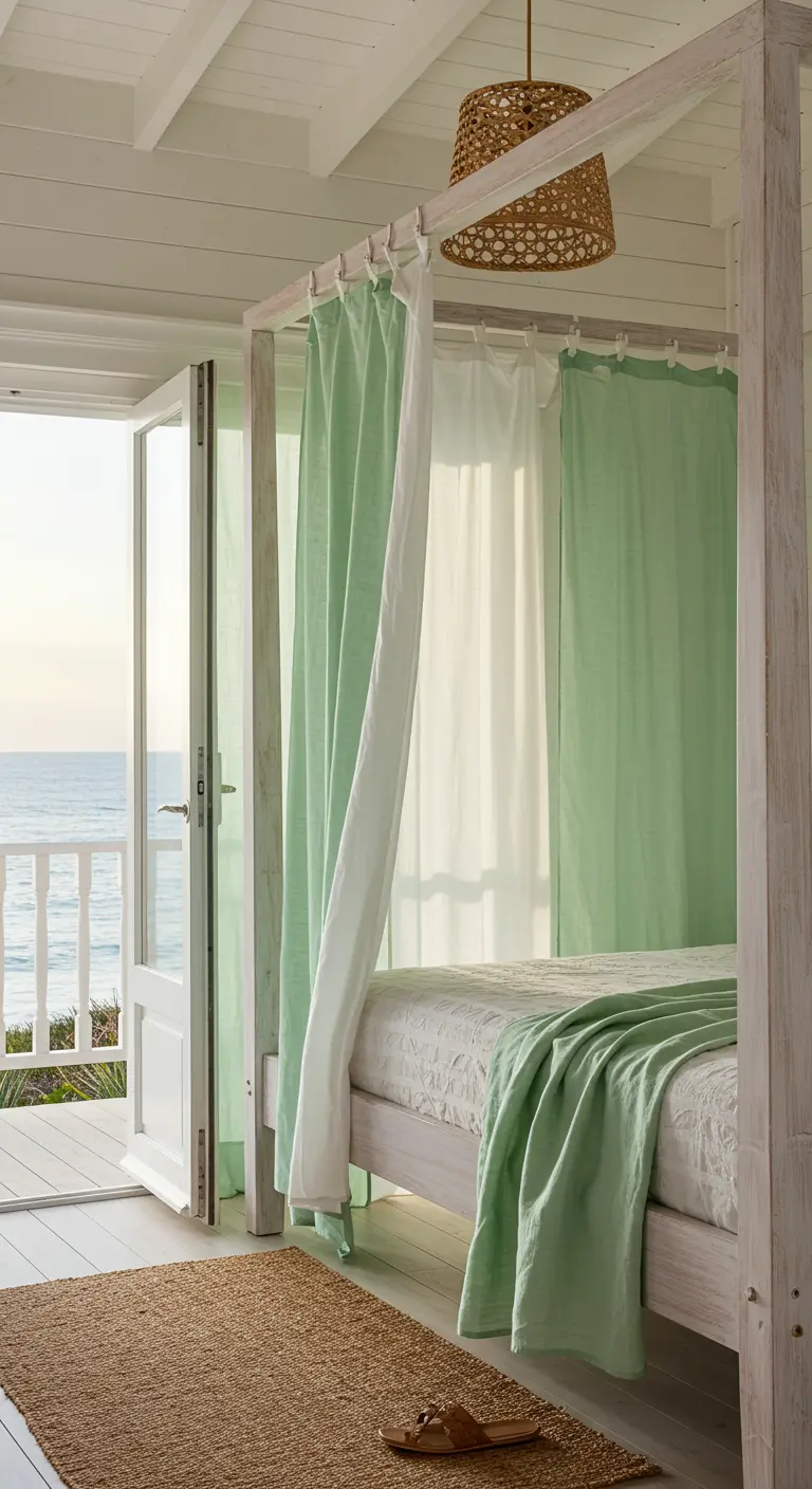 Wit houten hemelbed met mintgroene en witte gordijnen en uitzicht op zee.