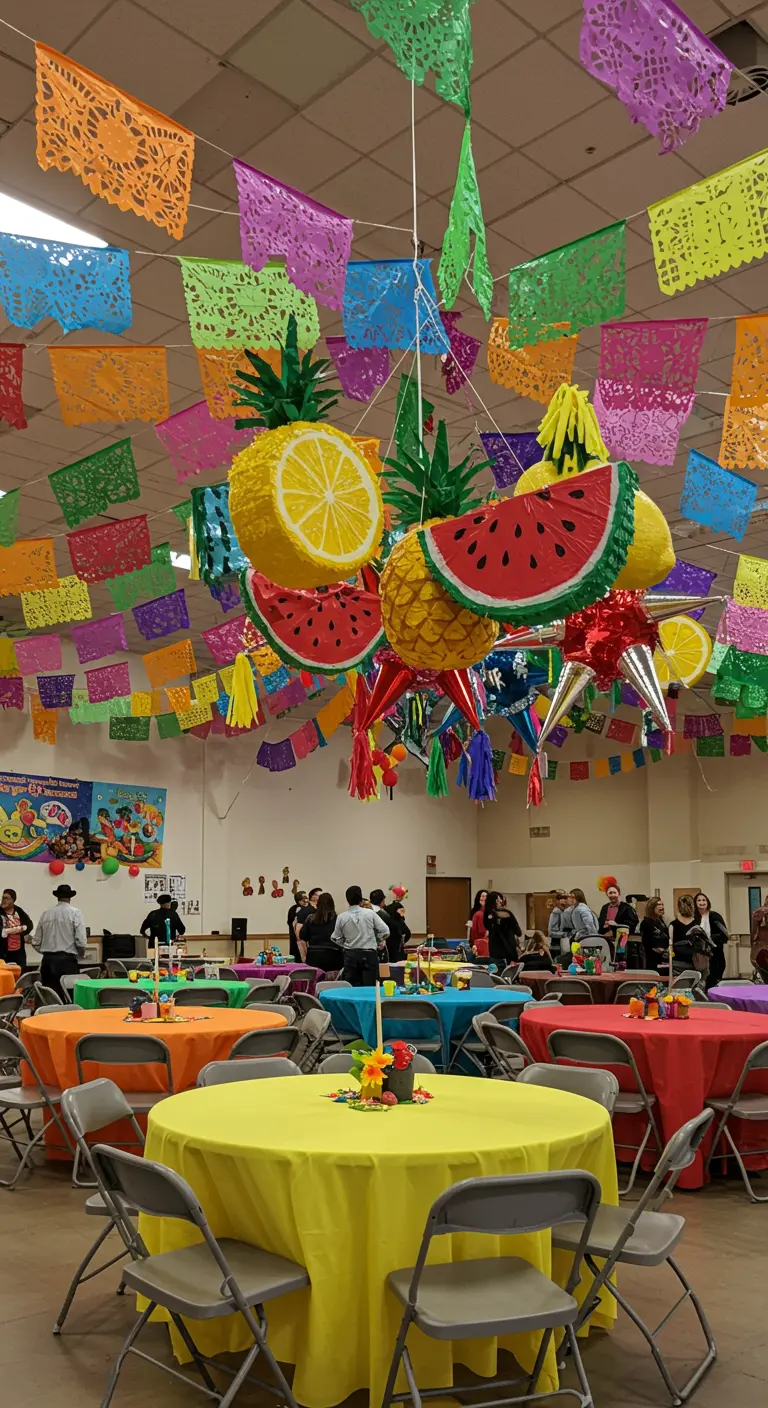 Plafond vol papel picado en een cluster van fruitvormige piñata's.