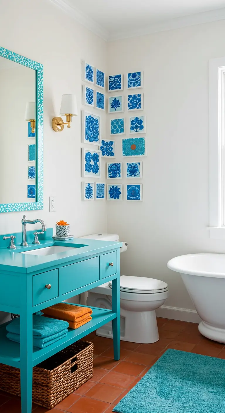 Badkamer met turquoise meubel en een kleine galerijmuur met blauwe botanische prenten.