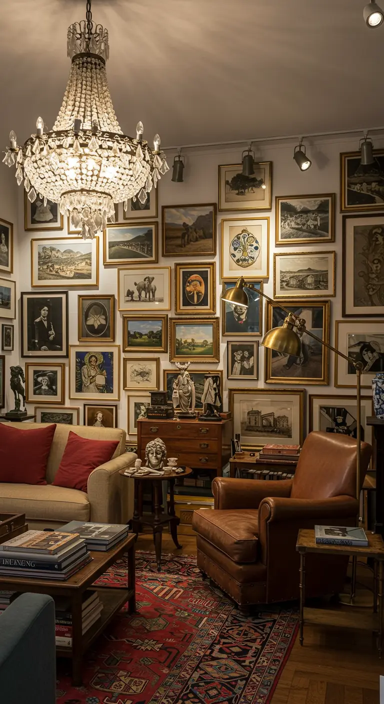 Eclectische woonkamer vol schilderijen, met een kristallen kroonluchter en spots.