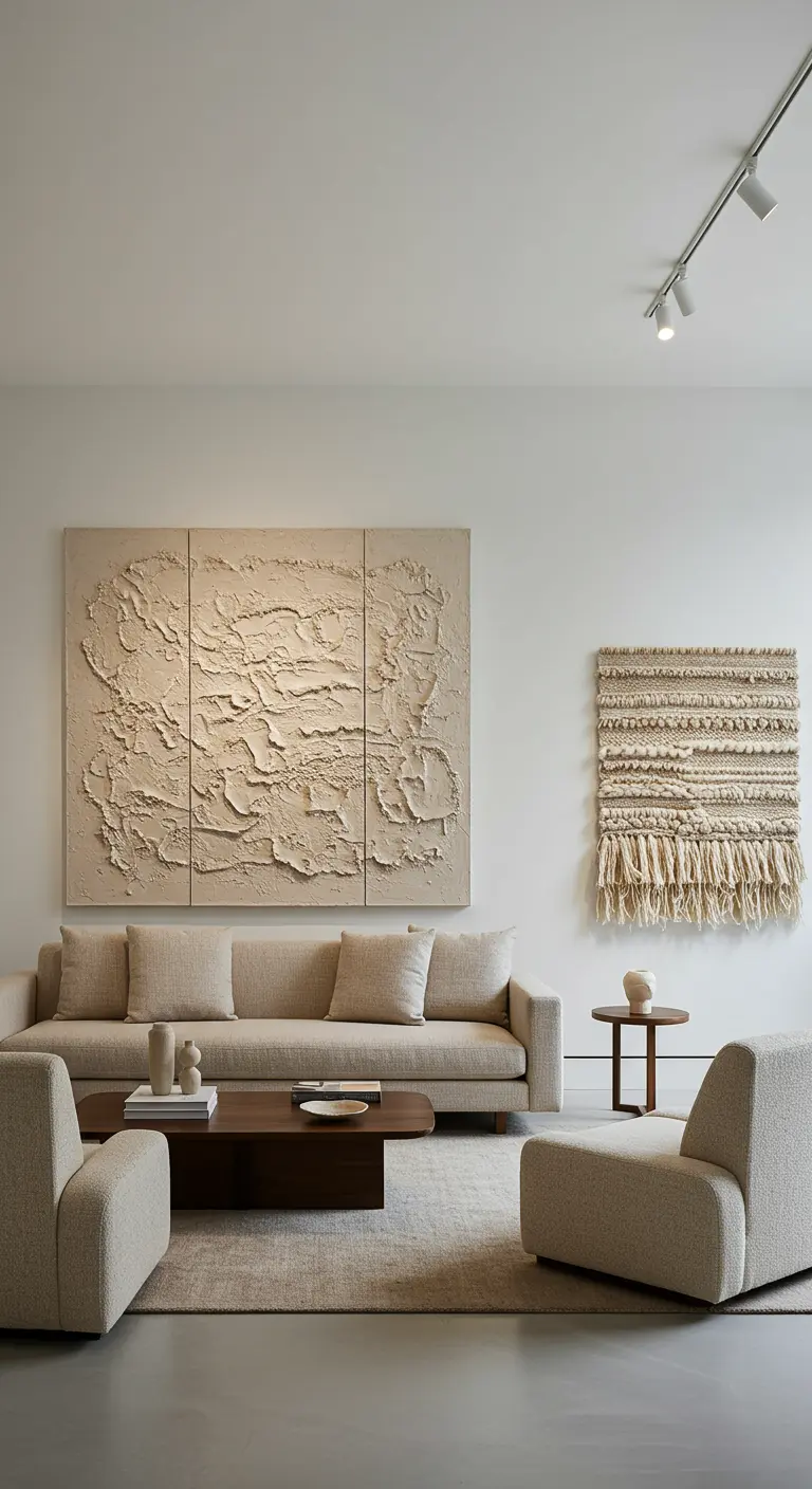 Grote woonkamer met een beige bank, een groot driedelig textuurkunstwerk en een geweven wandkleed.