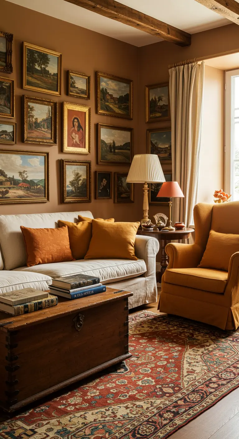 Klassieke woonkamer met een gallery wall op een bruine muur en okergele en terracotta kussens.