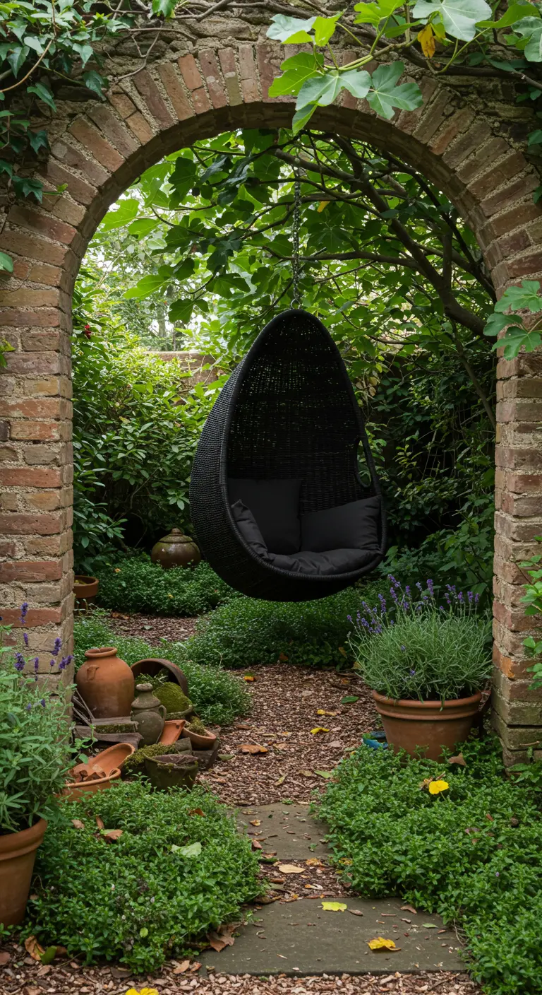 Zwarte rotan hangstoel hangt in een oude stenen boog in een weelderige tuin.