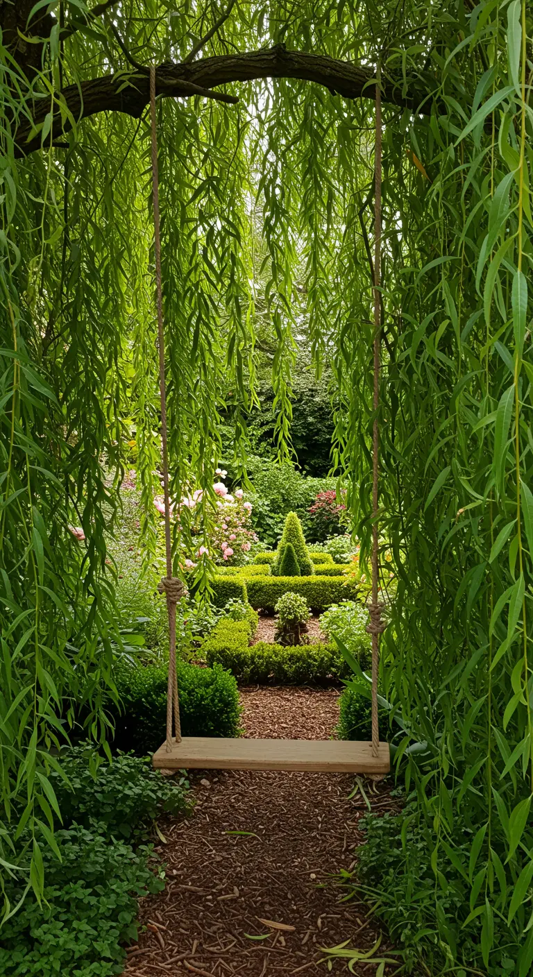Houten schommel aan touwen, gezien door de hangende takken van een treurwilg, met zicht op de tuin.
