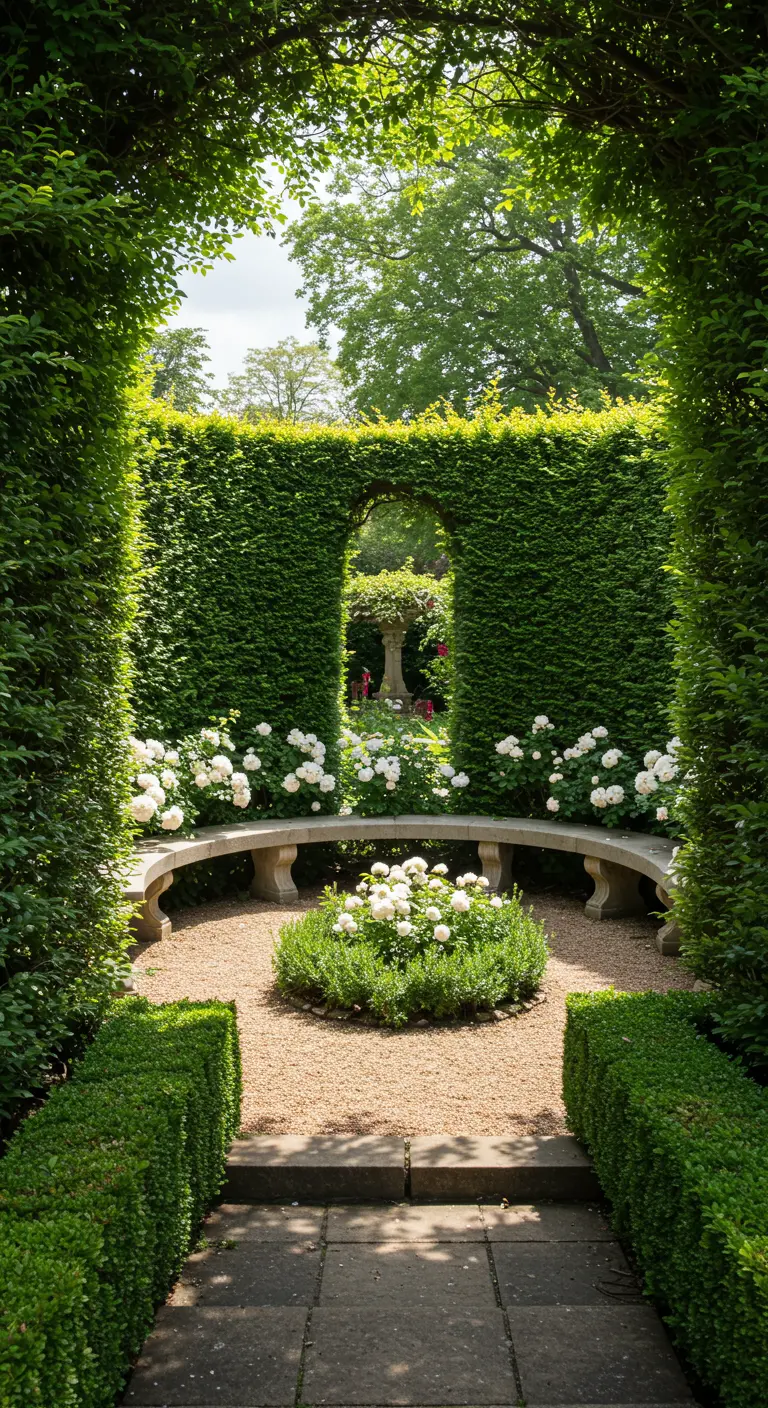 Formele tuin met een stenen bank omringd door hoge, groene hagen.
