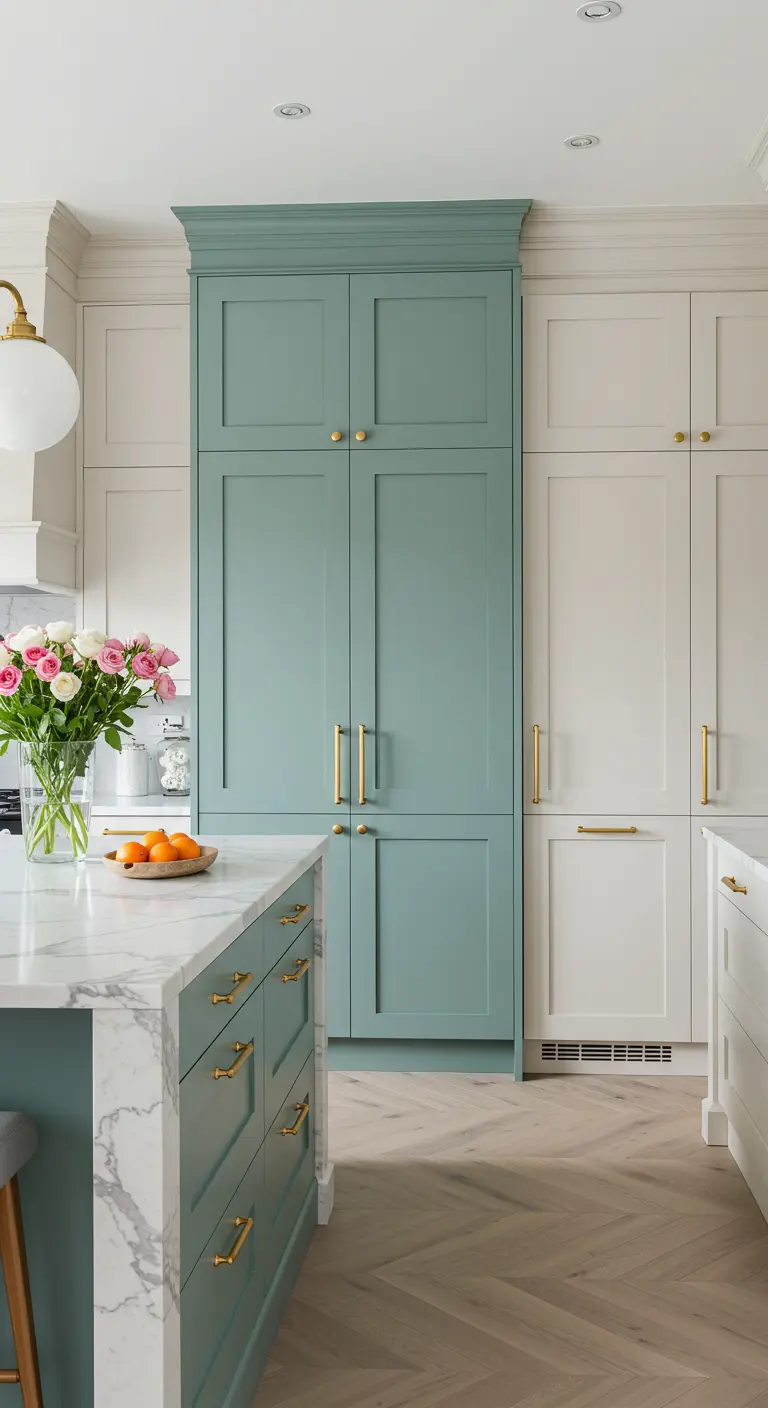 Witte keuken met een hoog, ingebouwd kastenblok in een zeegroene pasteltint.