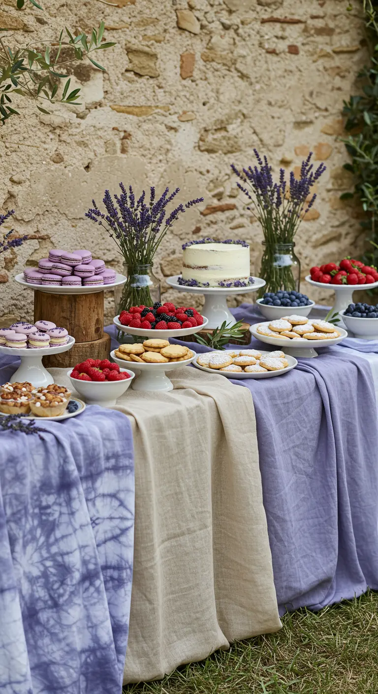 Dessertbuffet met paarse macarons, taart en fruit, op tafel met gelaagde linnen kleden.