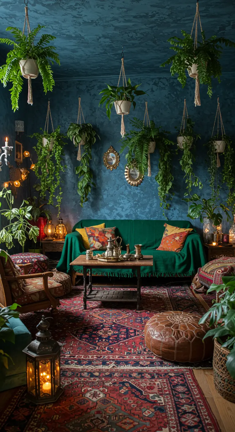 Bohemian woonkamer met blauwgroene muren, veel hangplanten, gelaagde tapijten en oosterse lantaarns.