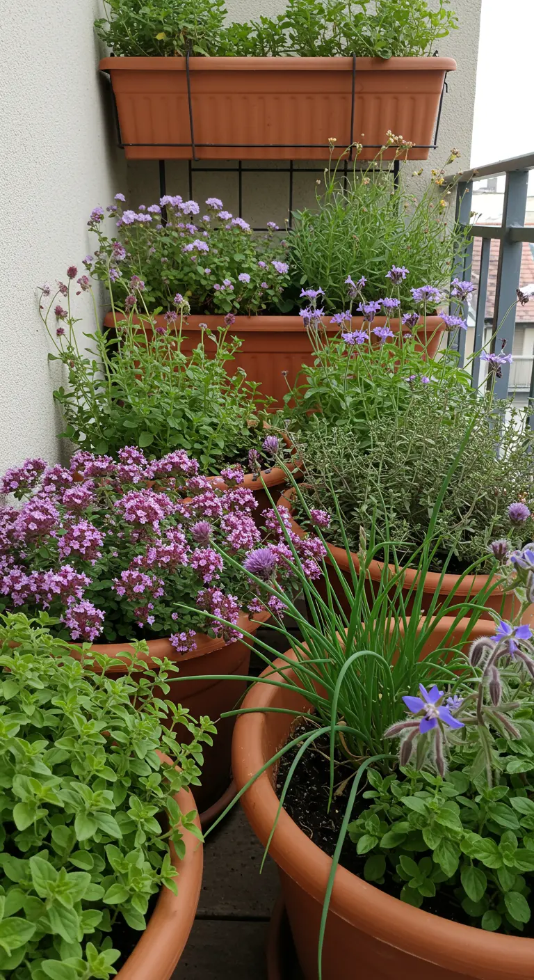 Hoek van een balkon vol met potten met bloeiende kruiden zoals tijm, oregano en bieslook.