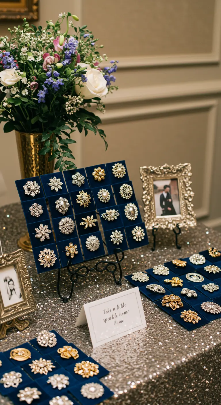 Display van vintage broches in goud en zilver op blauwe fluwelen houders als bedankjes.