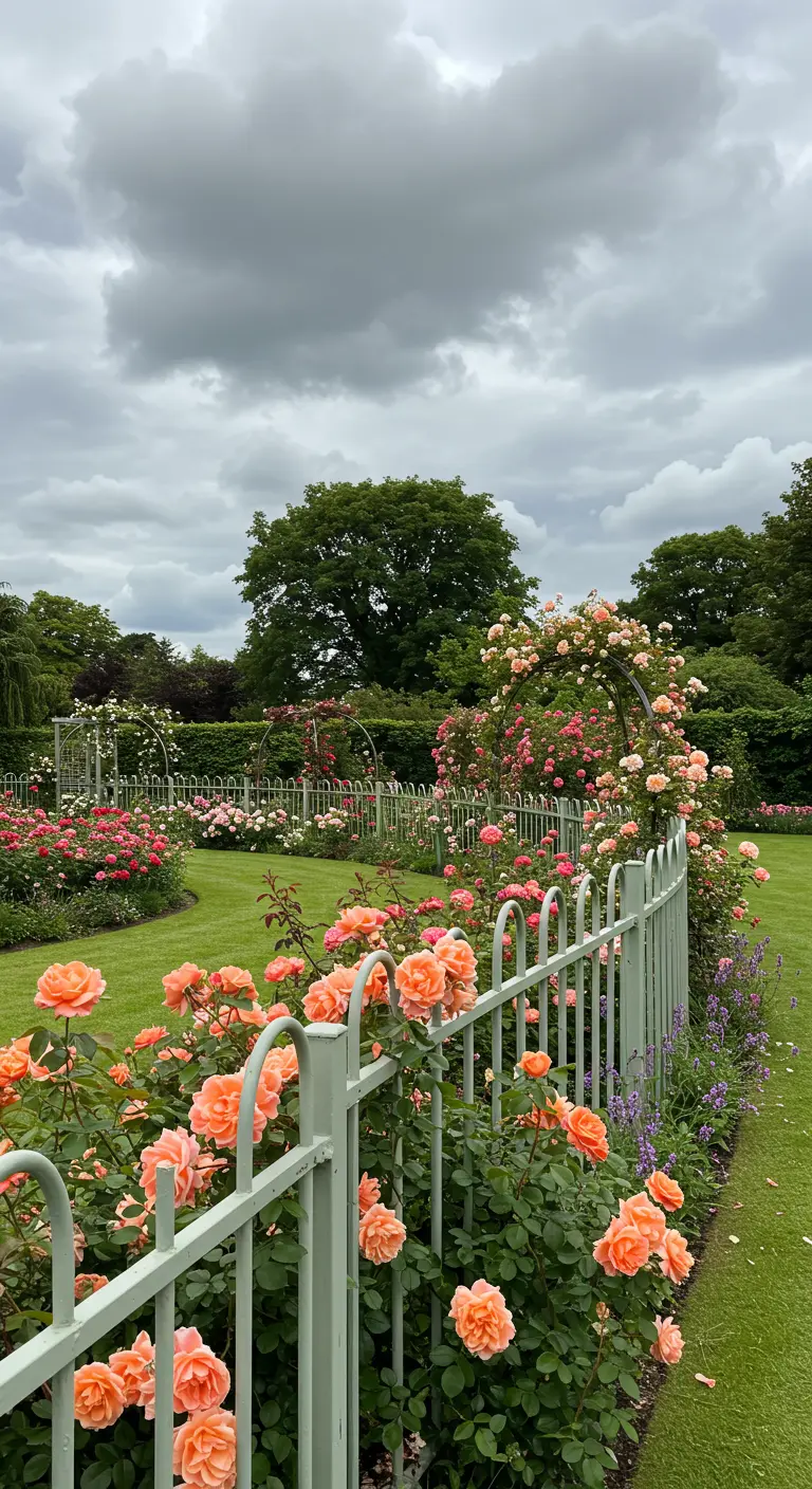 Mintgroen hekwerk langs een glooiend gazon met een border vol oranje en koraalkleurige rozen.