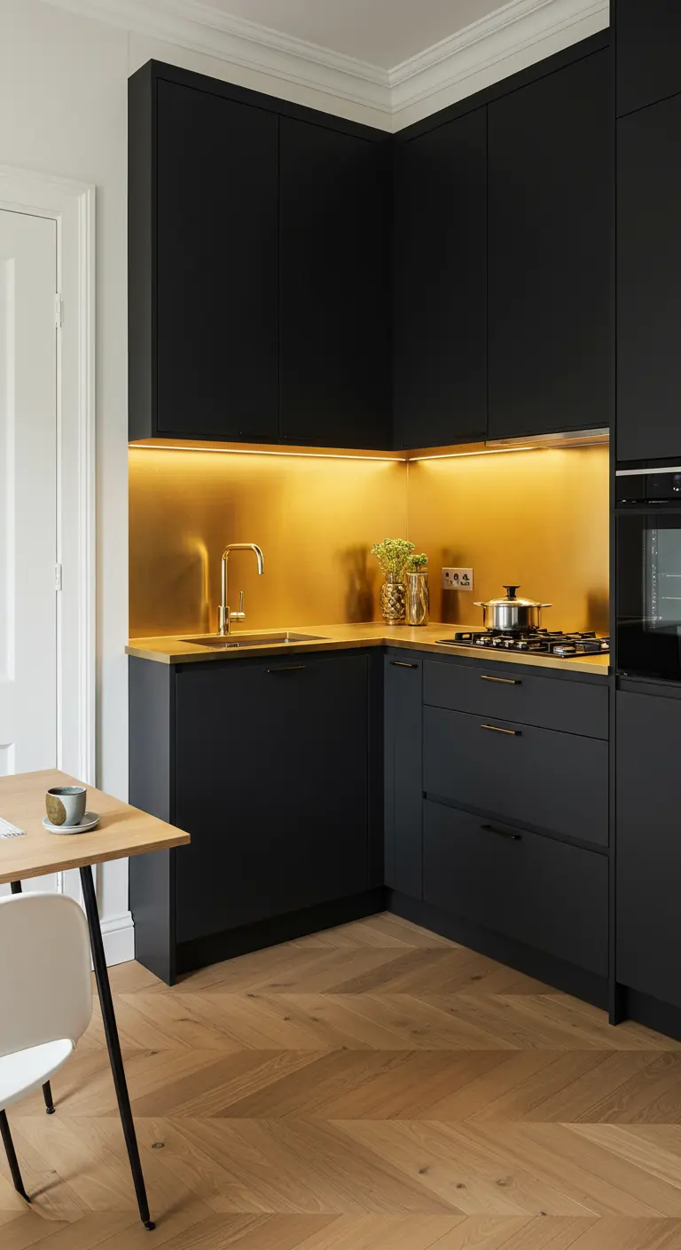 Compacte zwarte keuken met een verlichte achterwand van glanzend messing.