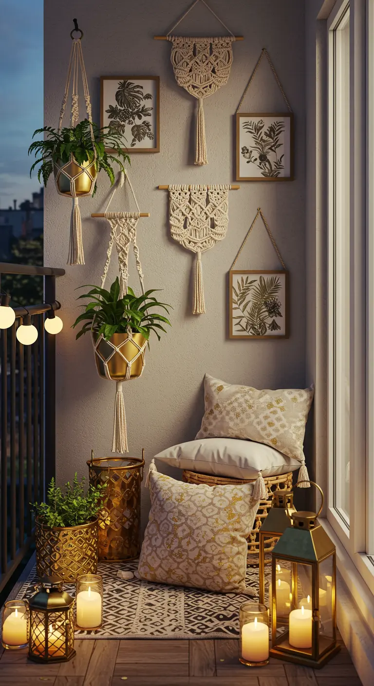 Luxe boho balkon met macramé, gouden plantenpotten, lantaarns en sfeervolle verlichting.
