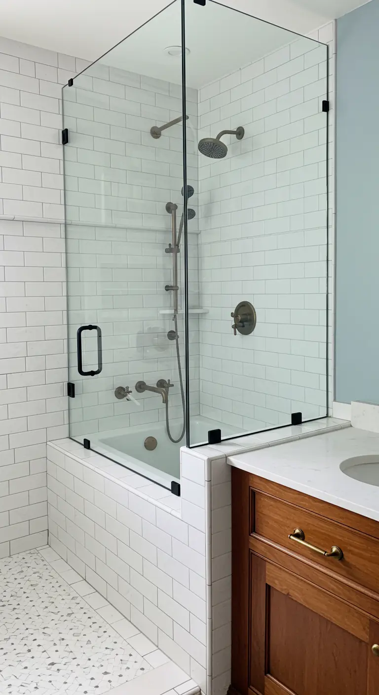 Witte tegelbadkamer met een douche-badcombinatie achter een glazen wand met zwarte profielen.