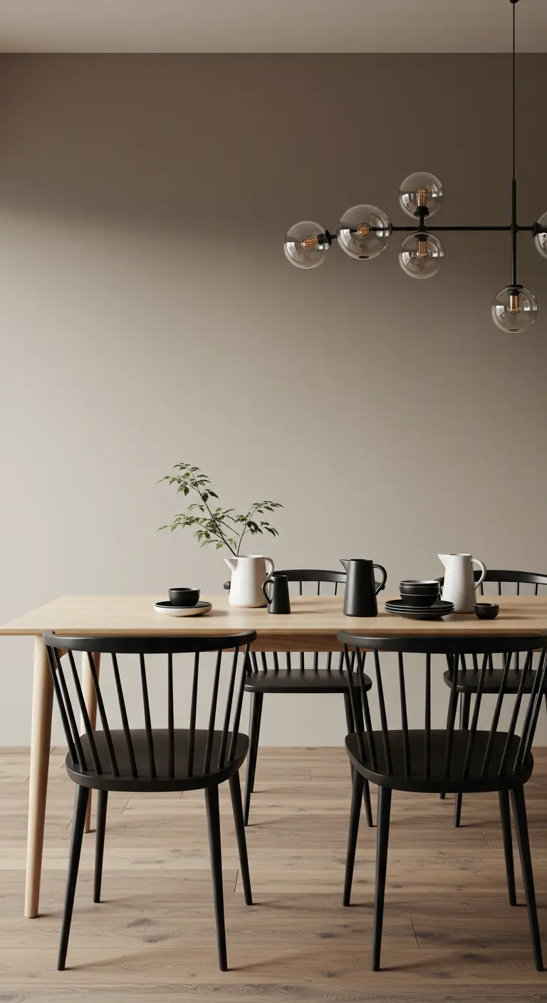 Moderne eetkamer met zwarte spijlenstoelen en een zwarte designlamp.