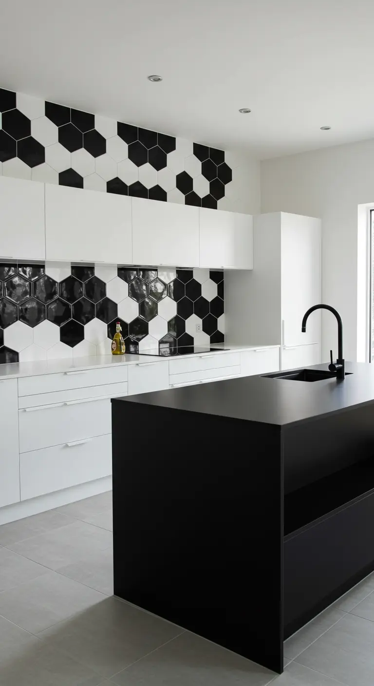 Moderne witte keuken met een achterwand van zwart-witte zeshoekige tegels in een speels patroon.