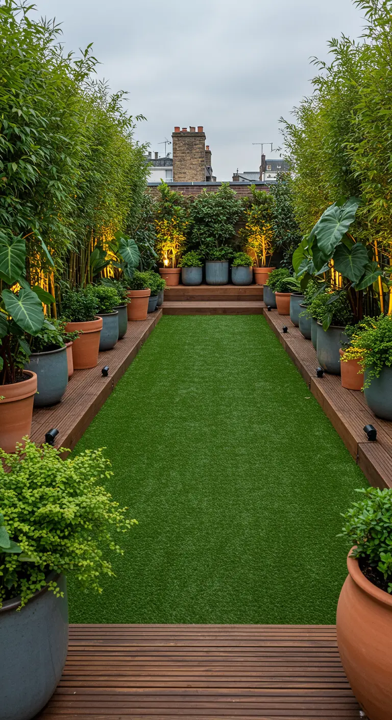 Smal dakterras met een loper van kunstgras, omrand door houten vlonders en bamboeplanten.