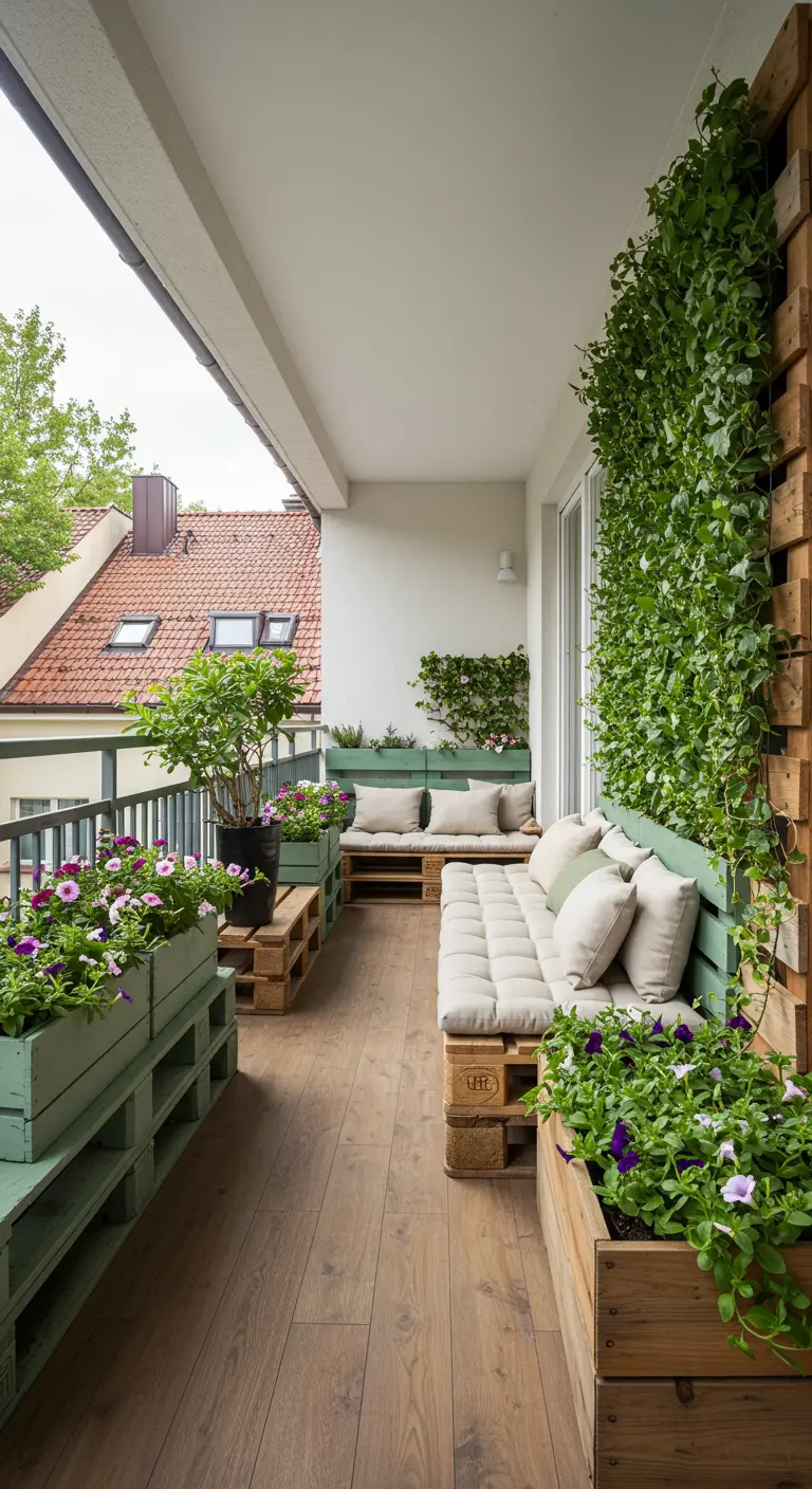 Smal balkon met saliegroene palletbanken en -plantenbakken, en een verticale plantenwand.