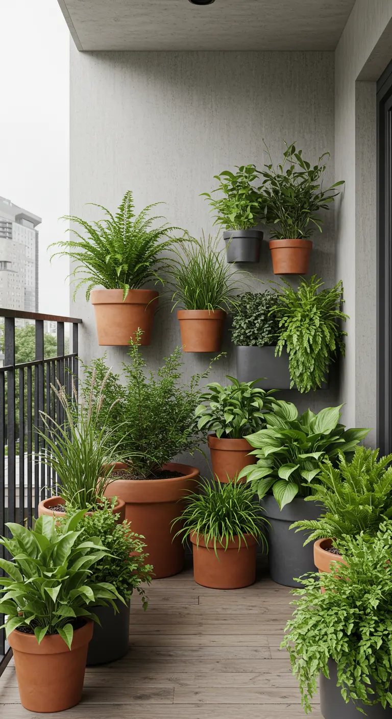 Grijze balkonmuur volledig bedekt met groene planten in terracotta potten op verschillende hoogtes.