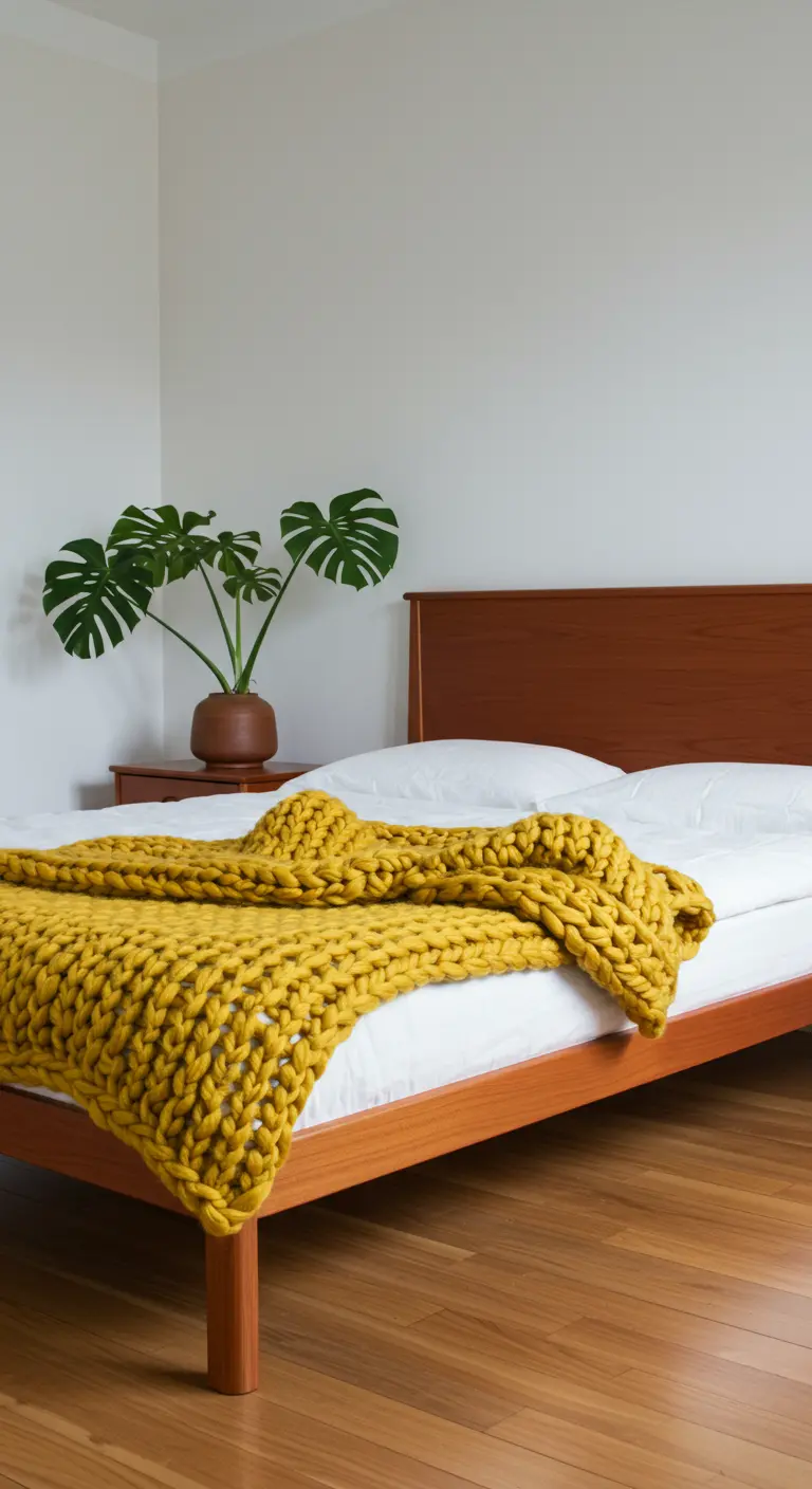 Houten bed met wit beddengoed en een dik, grof gebreid mosterdgeel deken.