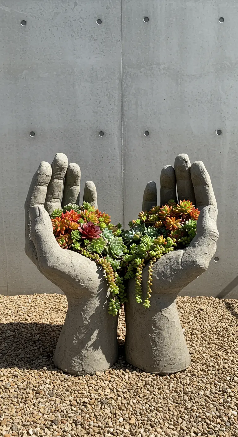 Betonnen sculptuur van twee handen die een overvloed aan kleurrijke vetplanten vasthouden.