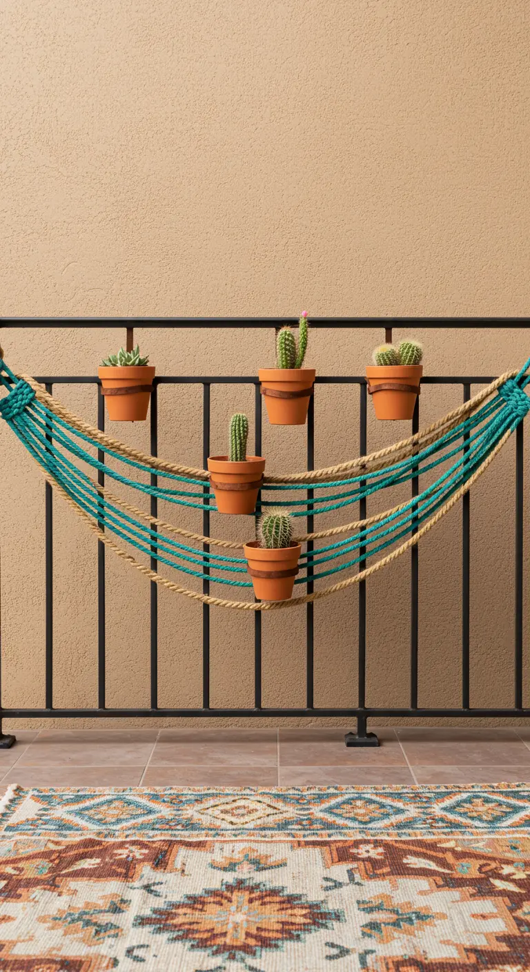 Mini-hangmat van touw aan een balkonhek, met daarin kleine potjes met cactussen.