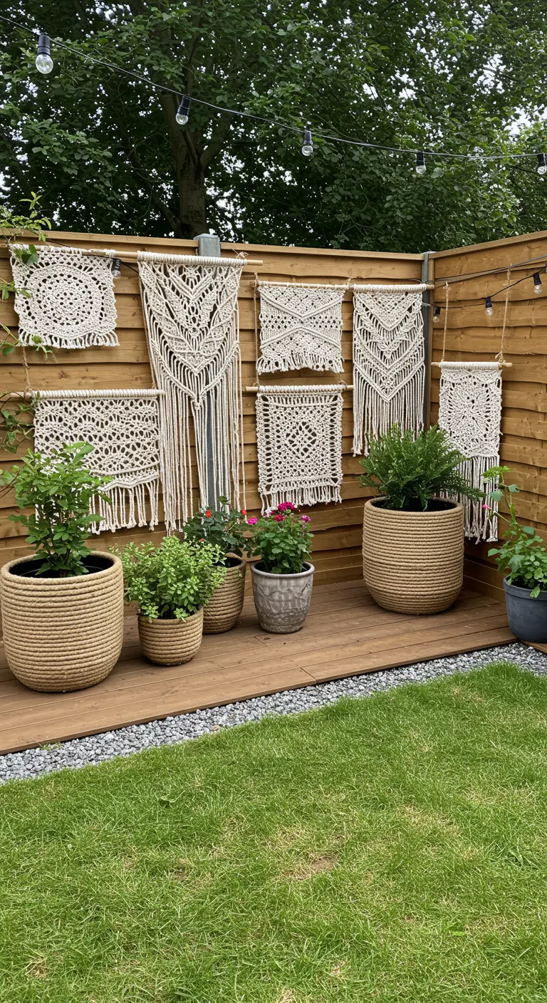 Houten schutting in een tuin versierd met een collage van verschillende macramé wandkleden.