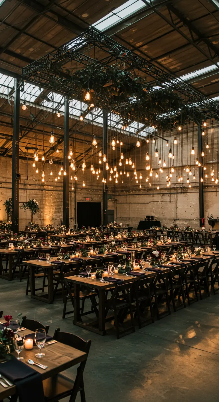 Grote industriële zaal met lange tafels en talloze hangende Edison-lampen.