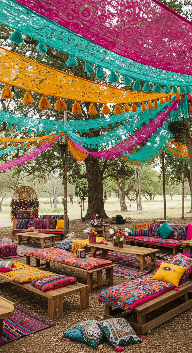 Een kleurrijke overkapping van roze, gele en turquoise stoffen met kwastjes boven een lounge-setting.