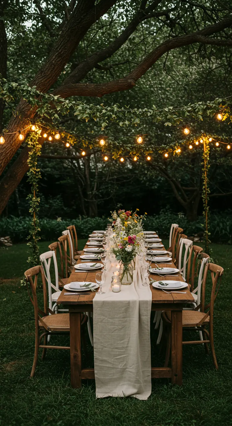 Lange dinertafel in tuin met lichtslingers en wilde bloemen.