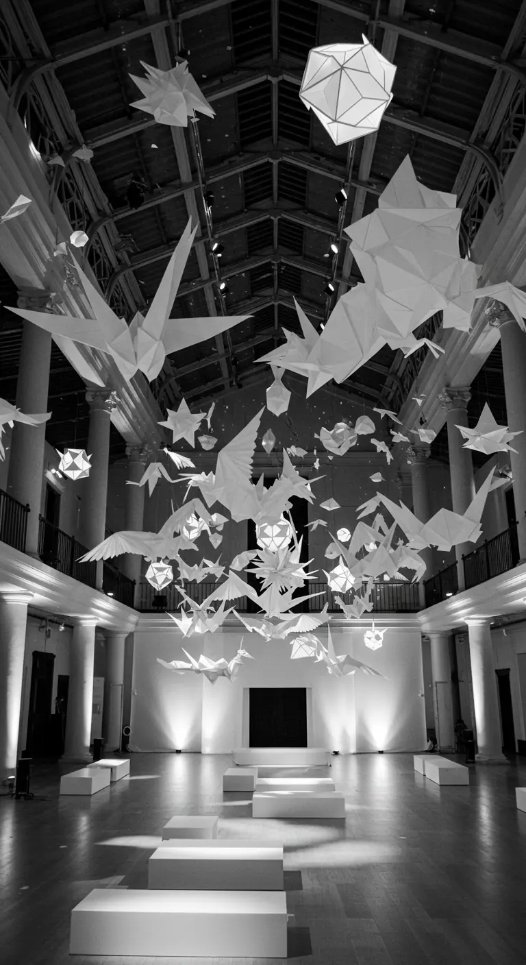 Zwart-witfoto van een zaal met een installatie van hangende origami-vogels.