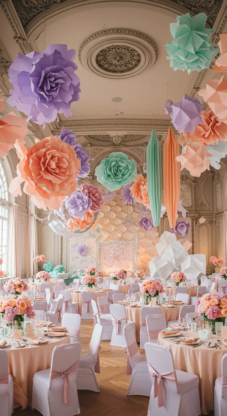 Feestzaal met een klassiek plafond, versierd met reusachtige papieren bloemen in pastelkleuren.