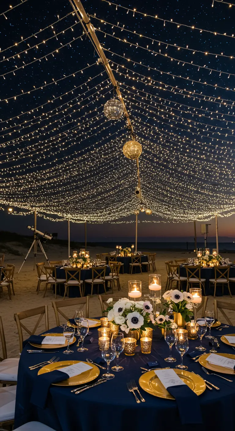 Dinertafels onder een tent met een plafond van talloze lichtslingers, als een sterrenhemel.