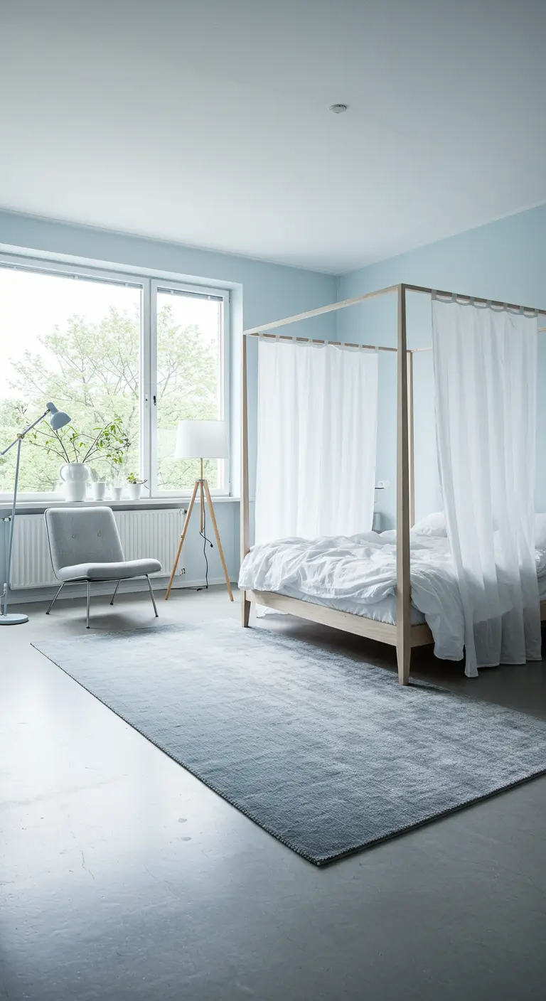 Lichte slaapkamer met ijsblauwe muren en een minimalistisch hemelbed met witte doeken.
