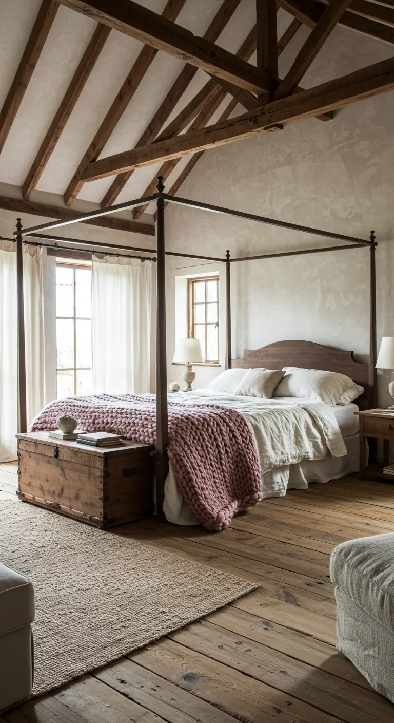 Romantisch rustieke slaapkamer met een slank metalen hemelbed, grofgebreide roze plaid, en antieke houten kist.