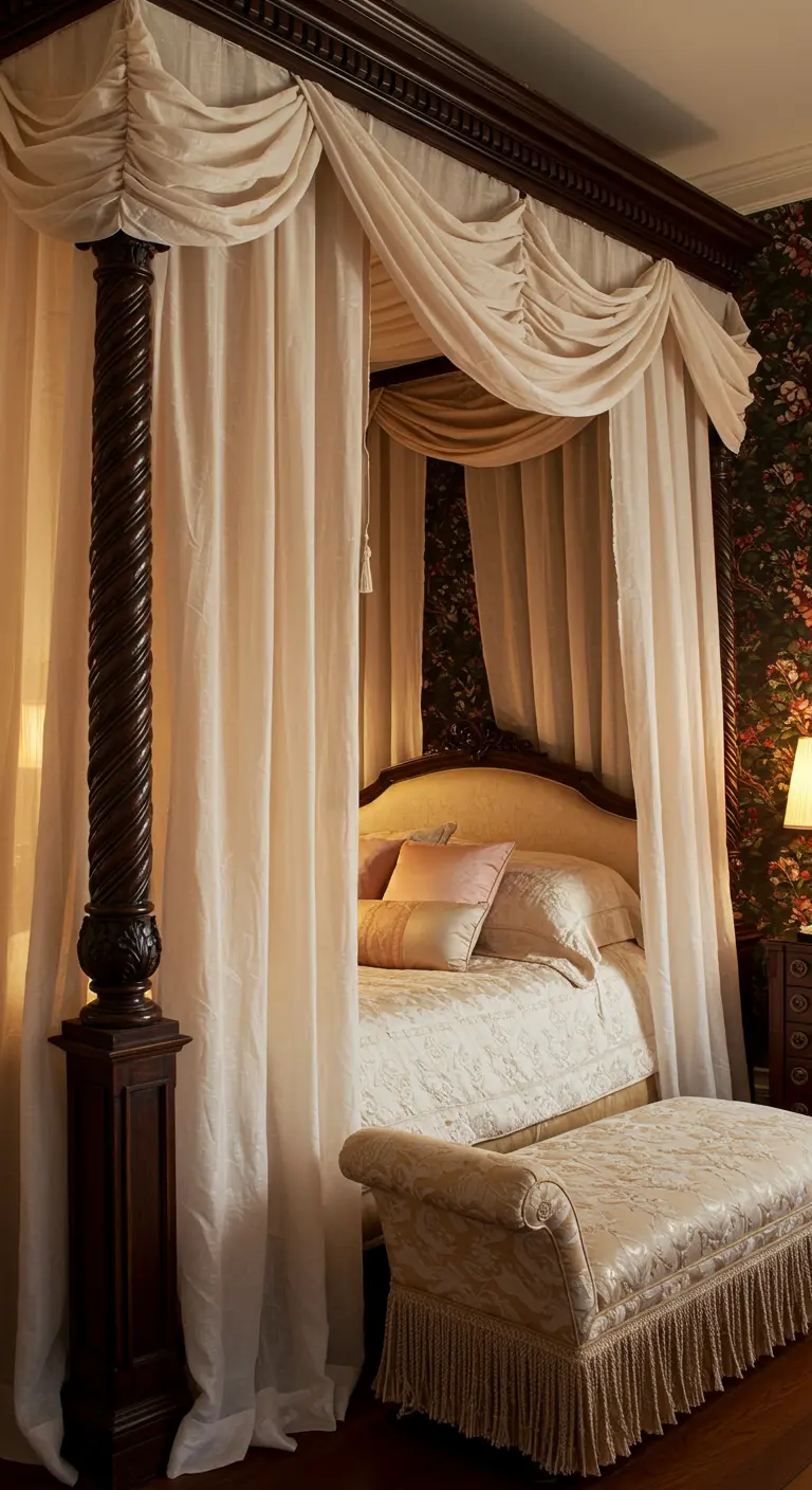 Donkerhouten hemelbed met weelderige crèmekleurige gordijnen in een kamer met donker bloemenbehang.