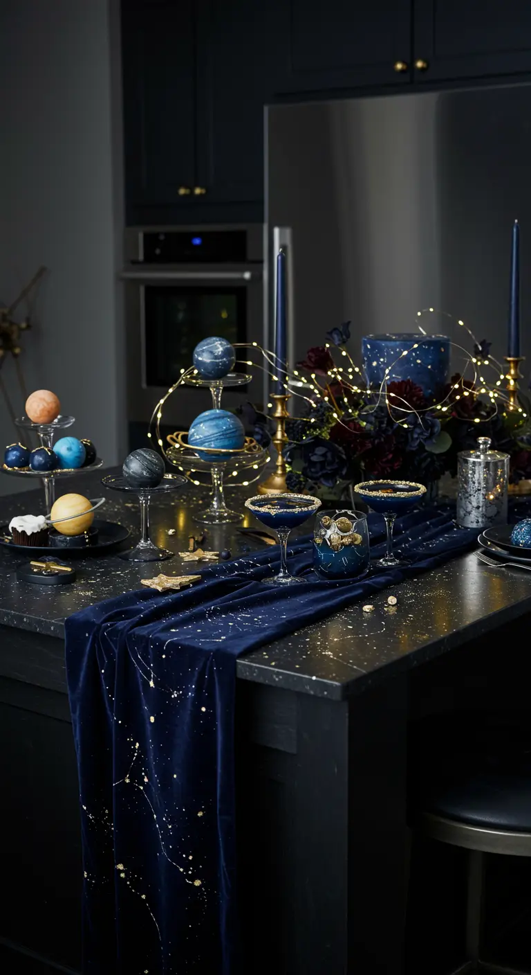 Donkere bar met een fluwelen loper, planeetdecoraties en lichtjes.