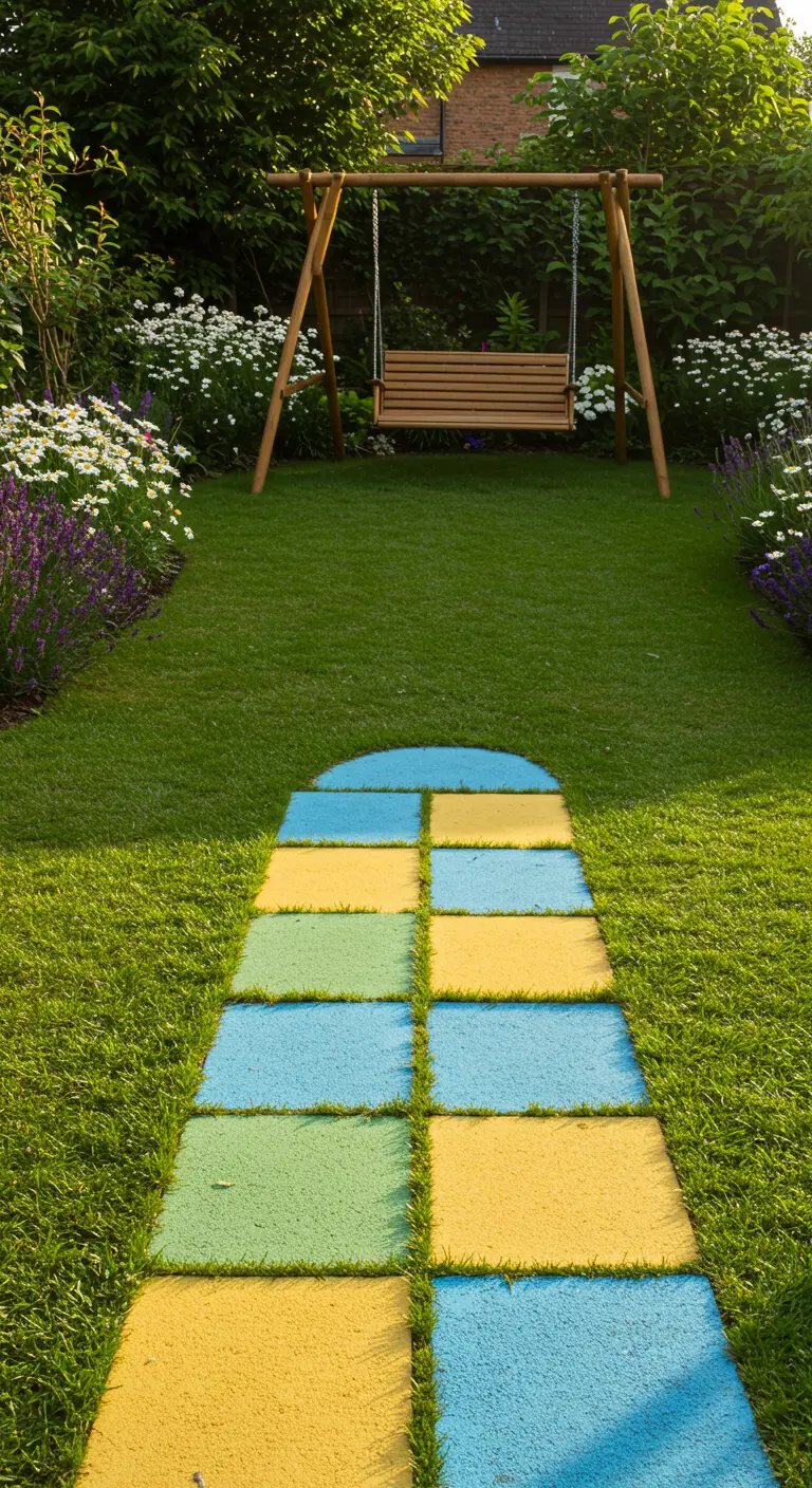 Kleurrijk tuinpad van gele, blauwe en groene tegels dat naar een houten schommel leidt.
